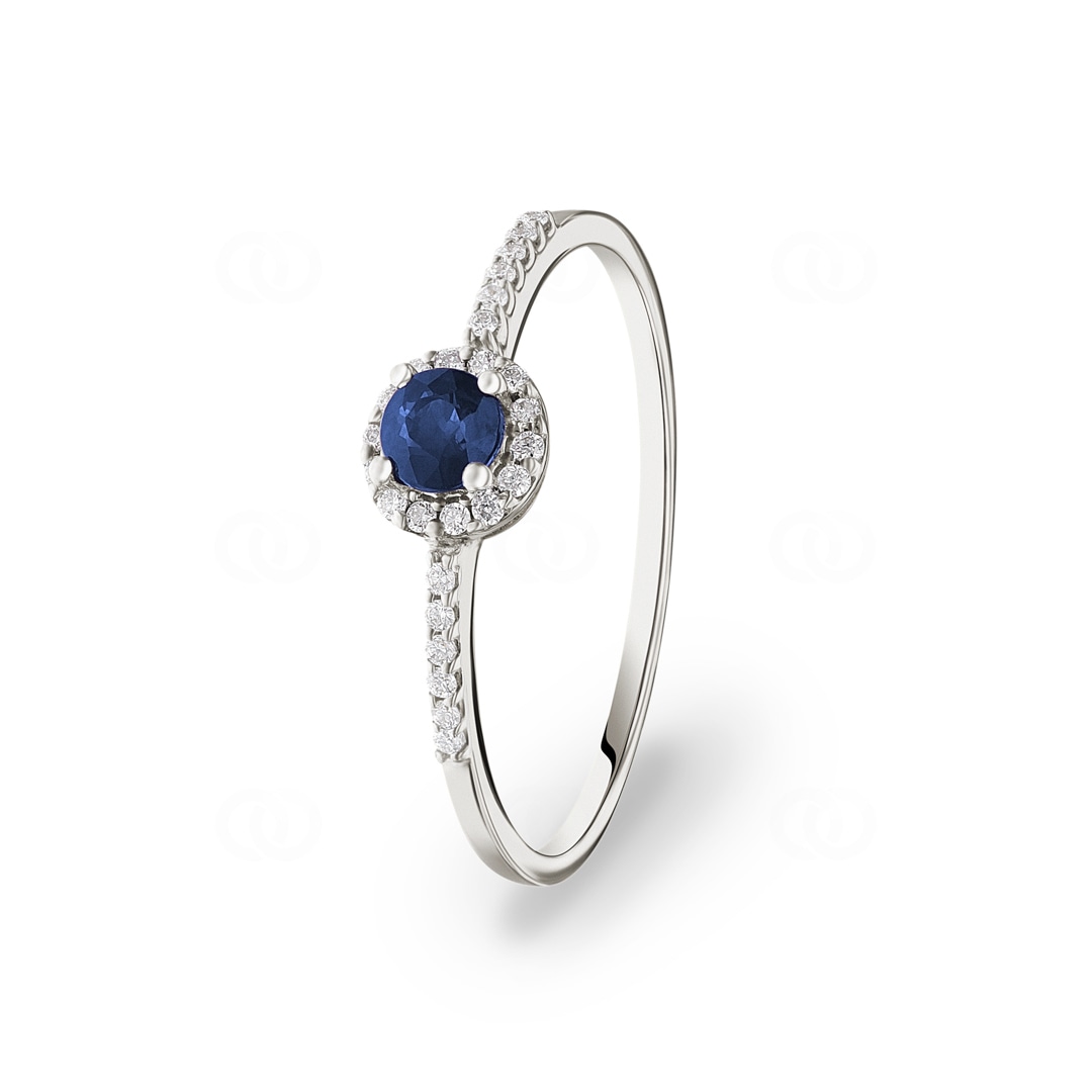 Damenring 750/18 K Weissgold mit Saphir rund und Diamanten 0.07 ct H/si
