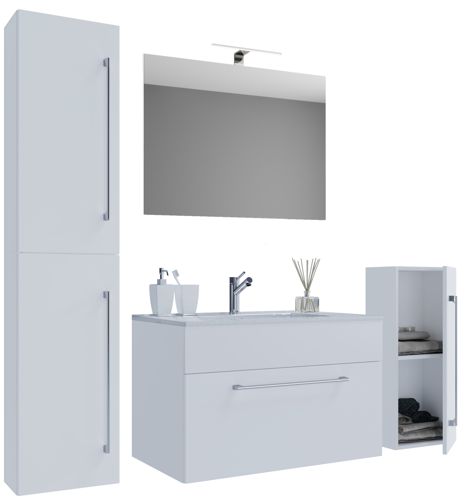 5-tlg. Bademöbel-Set BADINOS - weiß - 80 cm - mit Spiegel