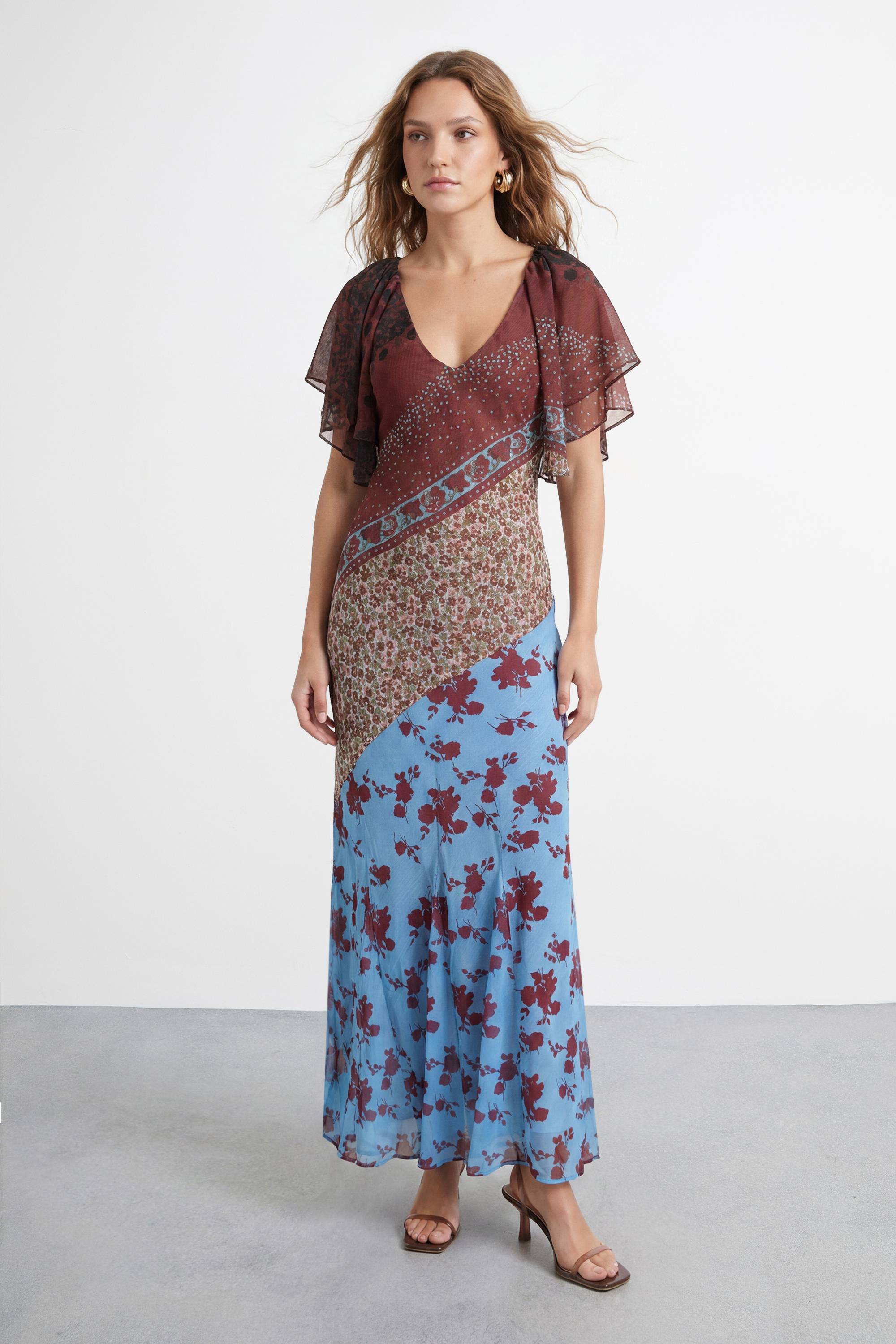 Warehouse Robe Longue À Imprimé Floral Bordure Et Manches Évasées Premium