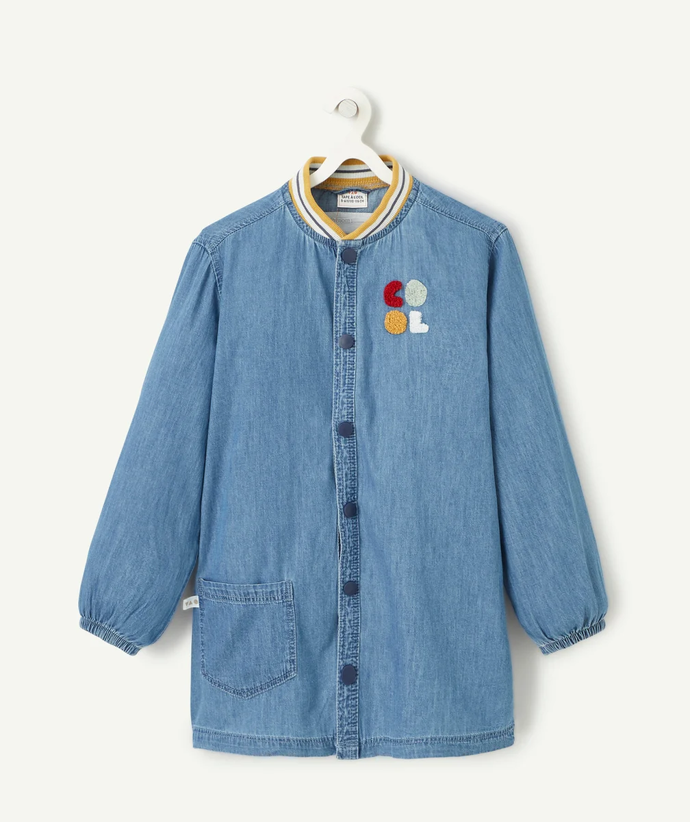 TABLIER BLEU GARÇON IMPRIMÉ AVEC PATCH EN BOUCLETTE