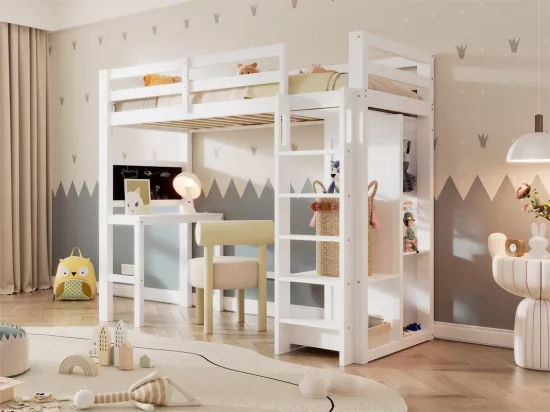Lit mezzanine 90x200 cm en bois de pin - avec bureau, armoire et étagères - Blanc