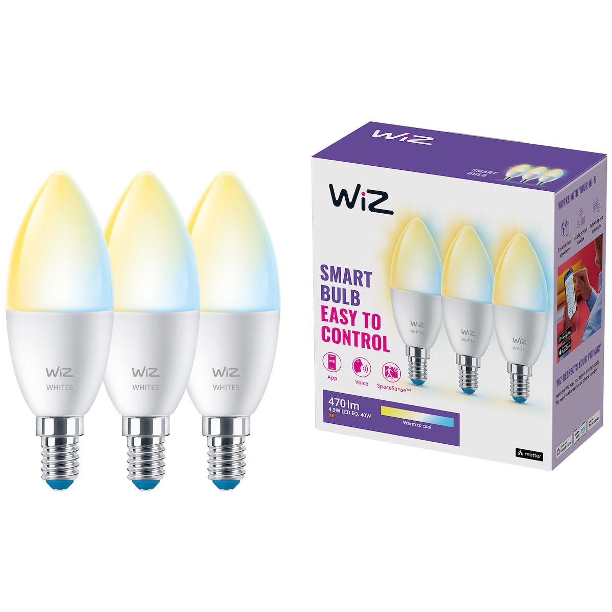 Wiz Connected Tunable Wi-Fi BLE LED pære 4,9W E14 3-pakning