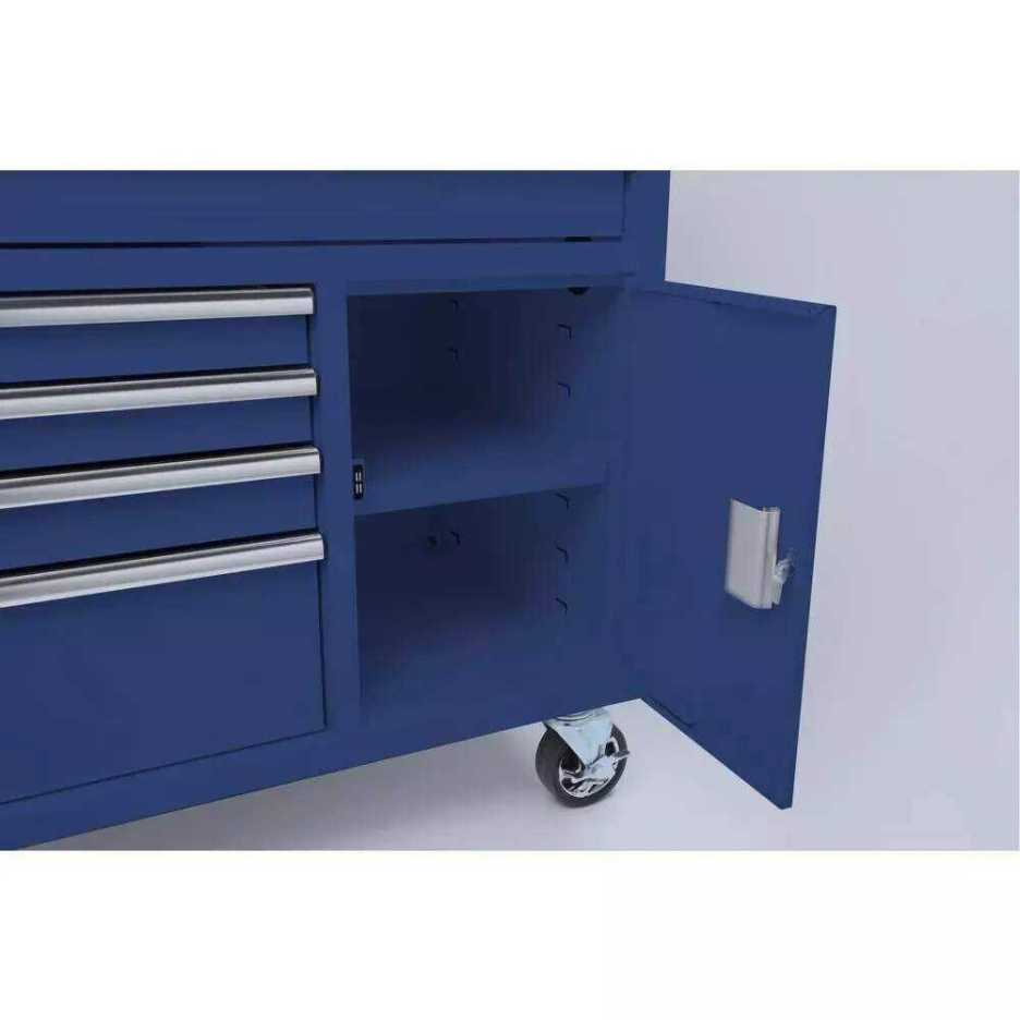 Bancada de trabalho móvel com caixa de ferramentas profunda de 56 polegadas (142 cm) de largura, 5 gavetas e 1 porta, azul brilhante, tampo de madeira maciça.