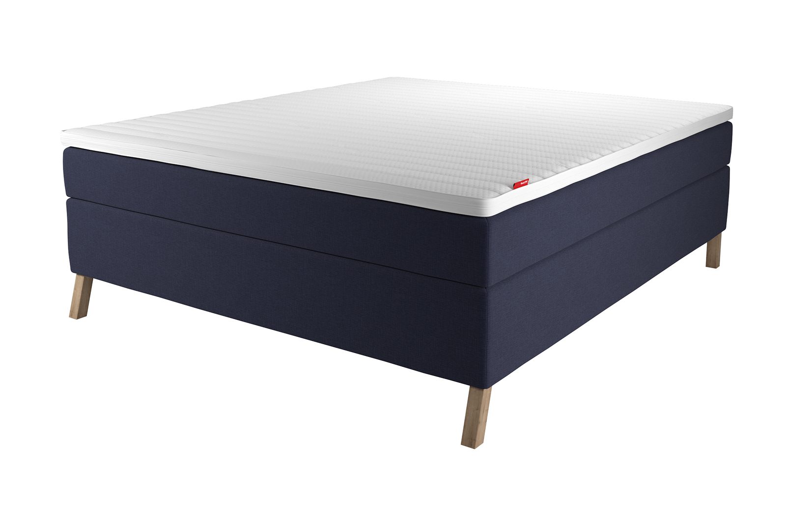 Sensitive 400 kontinentalseng Tekstil Navy 61 i 210x210 cm. Medium/Fast komfort m/Premium latex overmadrass og Tilt oak ben 16cm. Uten hodegavl.