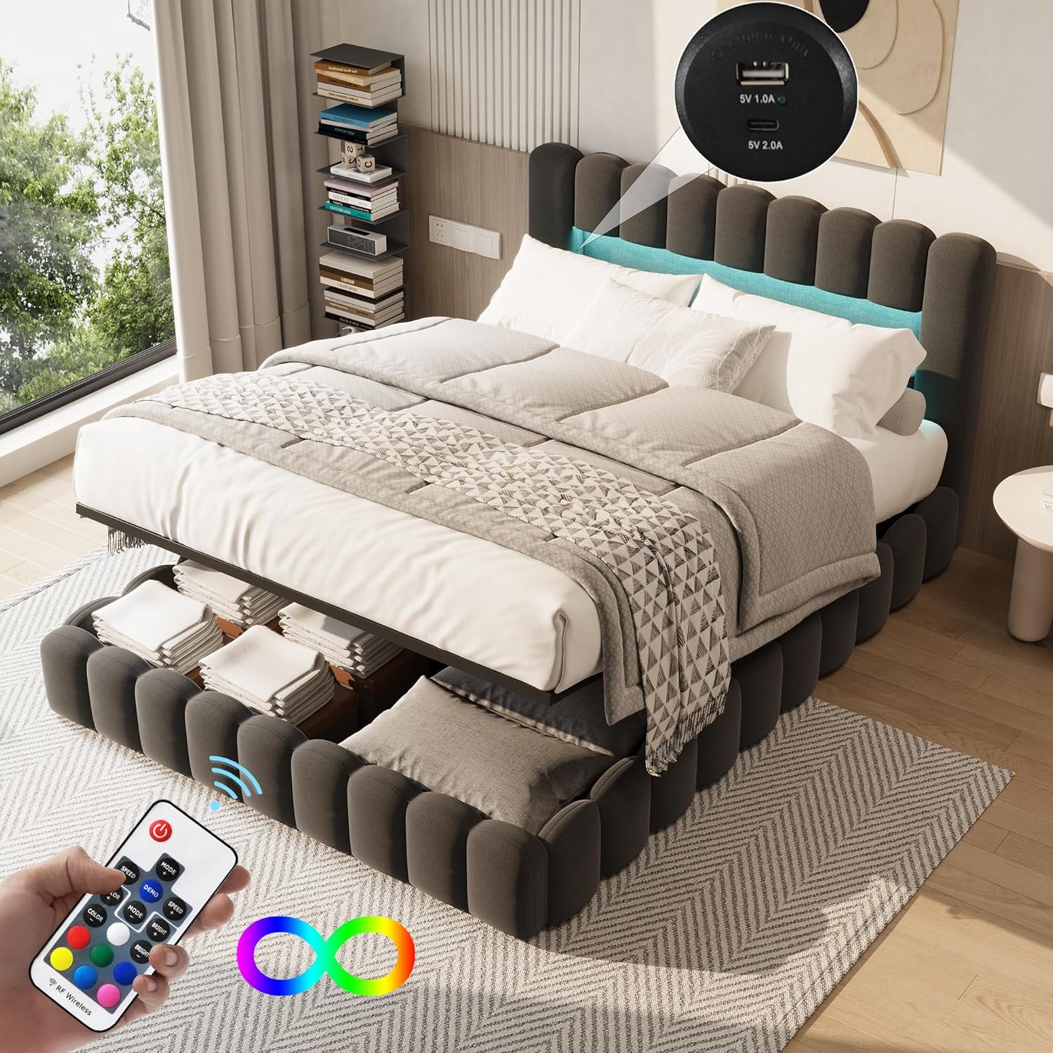 Polsterbett Bubble Bett 180x200 cm, Doppelbett Stauraumbett Jugendbett mit Bettkasten und Stauraum-Kopfteil, Funktionsbett (Grau + Leinen, 180x200cm)