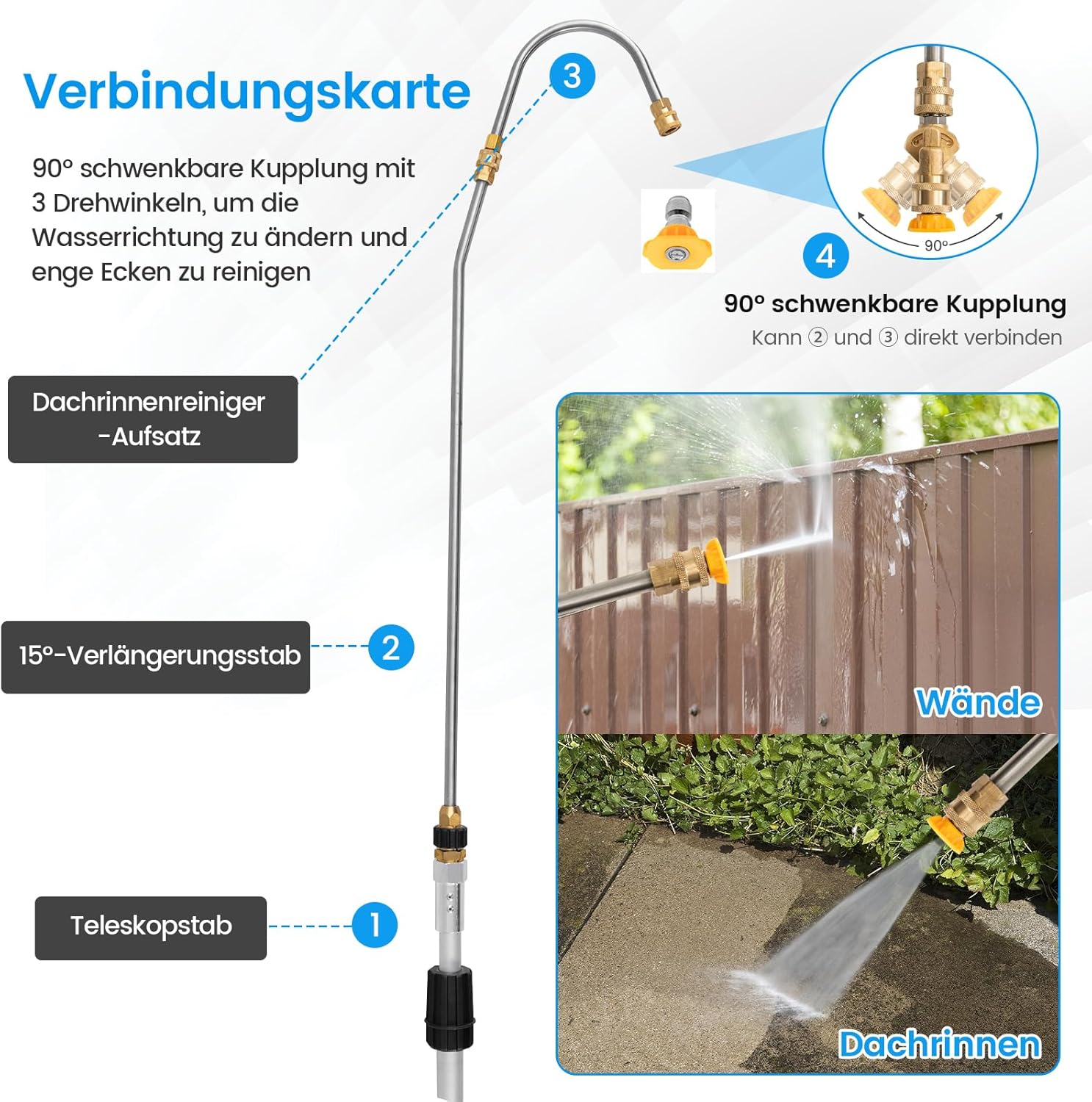COSTWAY Teleskopstab für Hochdruckreiniger 550 cm, Verlängerungsstab Set mit 5 Sprühdüsen & 2 Adaptern & Kupplung & Stützgurt, Teleskop-Hochdruckreiniger für Dachrinnen, Untersichten, Wände