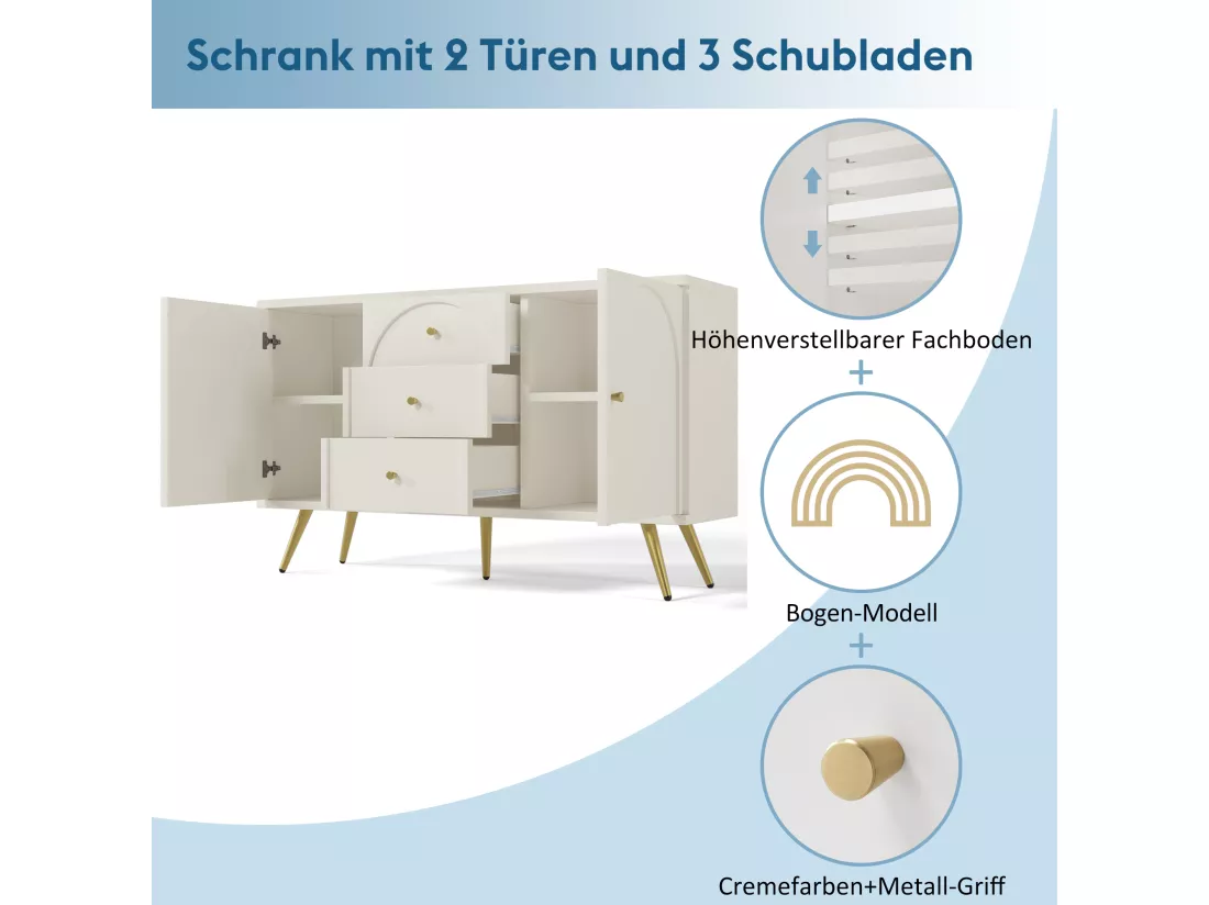 Commode avec 2 portes et 3 tiroirs, 140 x 40 x 84 cm, Panneaux de particules + métal, Blanc crème