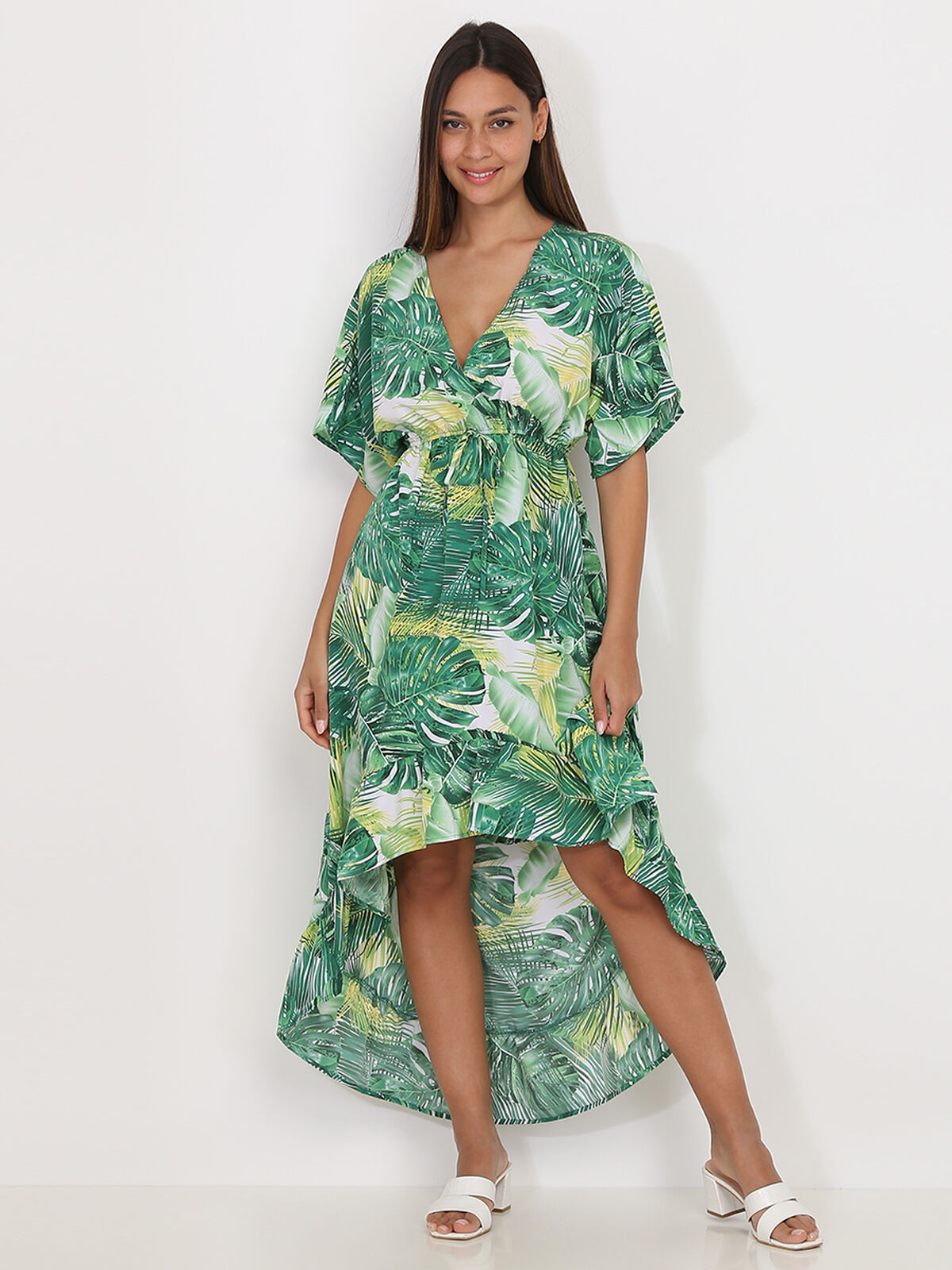 Robe longue asymétrique à imprimé tropical- Blanc