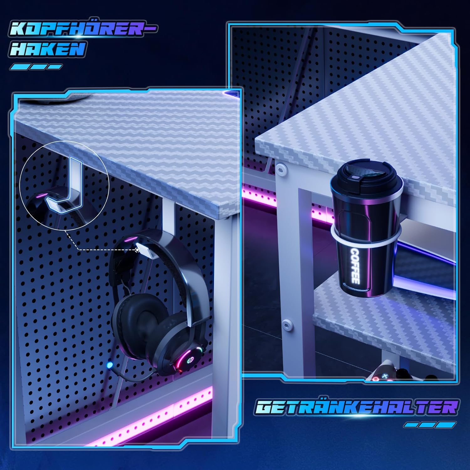 Devoko Gaming-Schreibtisch Ecke 120x80cm mit Doppel-Monitorhalterung, LED-Beleuchtung, höhenverstellbarer Ablage & Carbon-Optik Weiß
