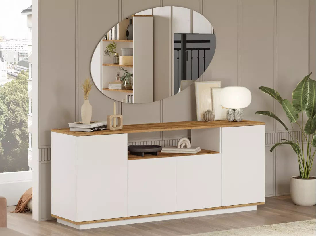 Buffet avec 4 portes et 1 étagère - Blanc et naturel - LOTULA