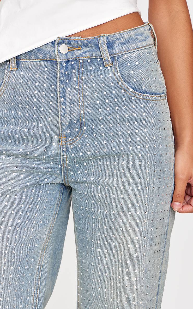Vintage Light Wash Jean Droit Gris À Strass Sur Le Devant