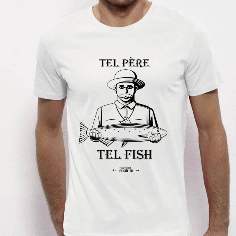Tee Shirt Manches Courtes Homme Monsieur Pêcheur Tel Père Tel Fish - Blanc