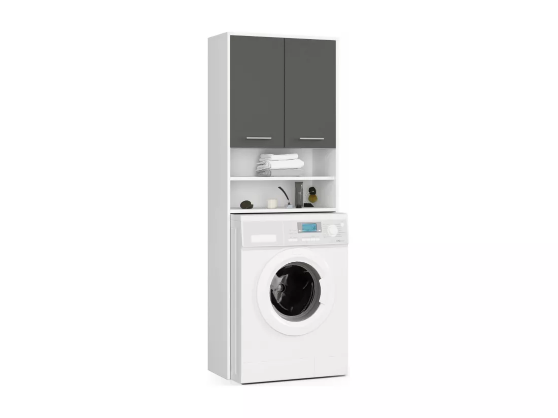 meuble machine a laver 2 portes gris brillant 4 étagères 64x30x180 cm