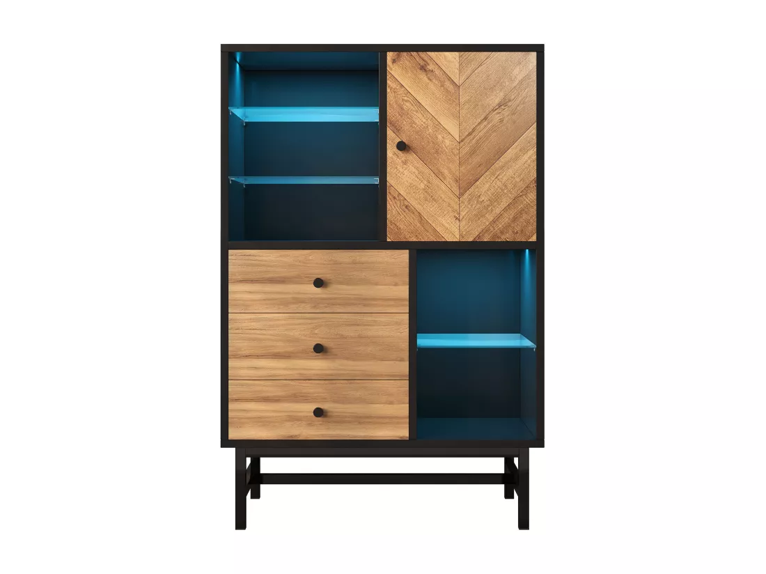 Buffet haut avec LED - 1 porte + 3 tiroirs + 5 compartiments - Naturel + Noir