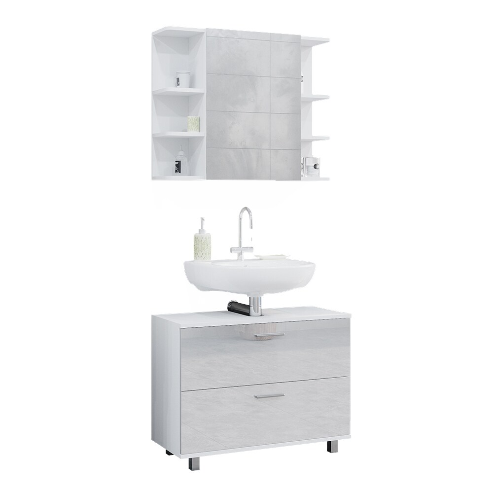 Vicco Badmöbel-Set Ilias Weiß Hochglanz modern Waschtischunterschrank Spiegelschrank