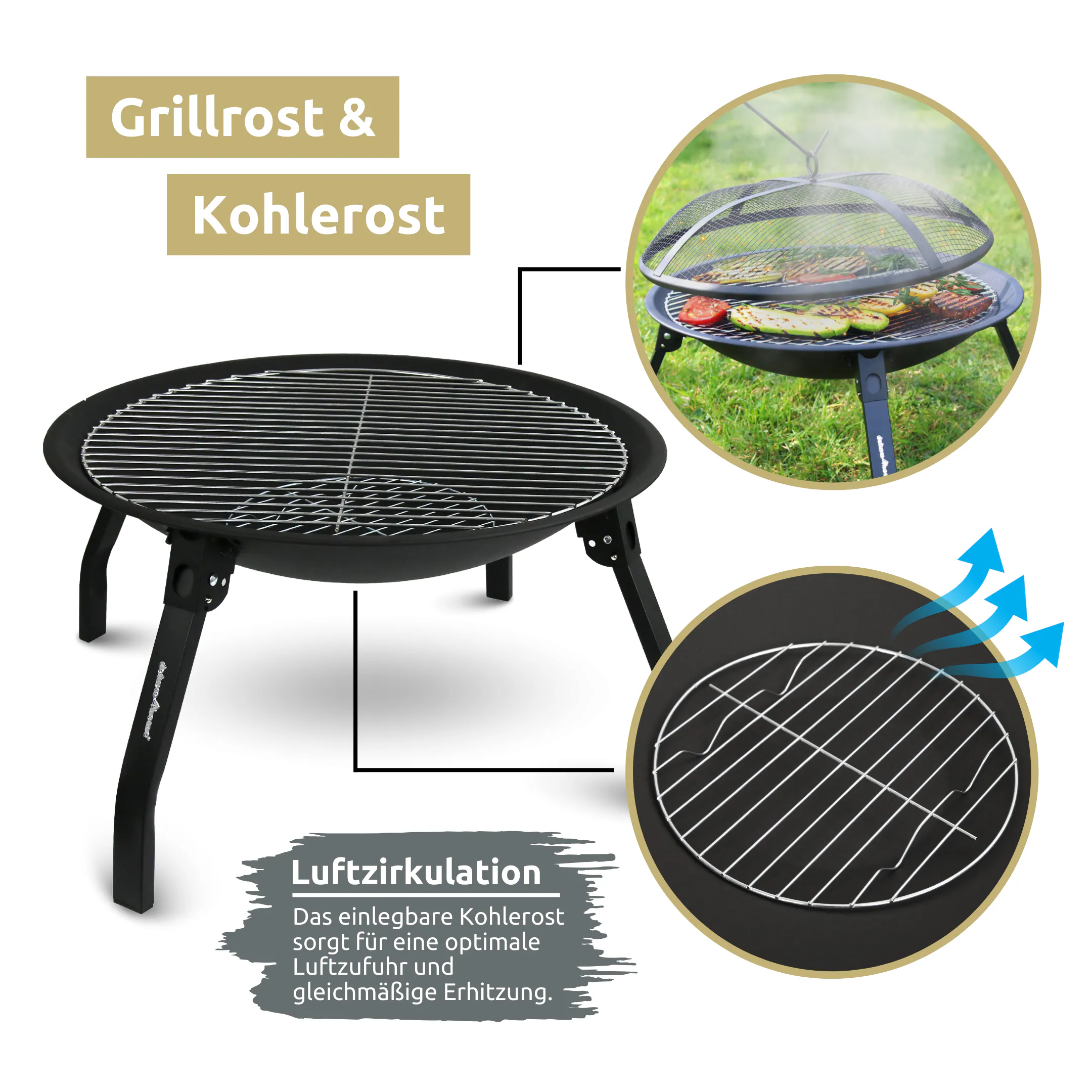 deluxe4home® Feuerschale XL I Grillrost + Funkenschutzdeckel I 55 cm Durchmesser, schwarz