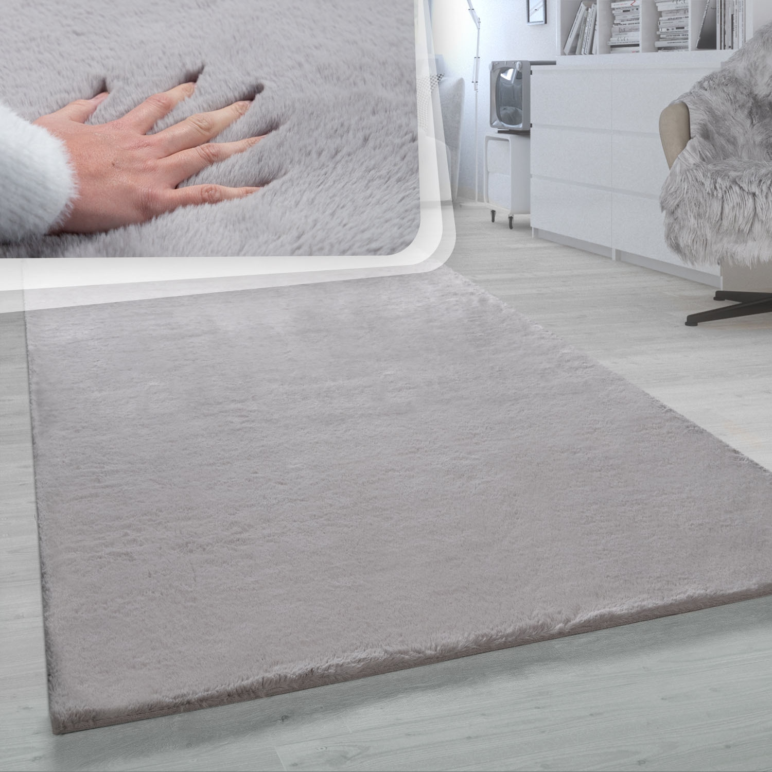 Paco Home Fellteppich »Rabbit 780« rechteckig 26 mm Höhe Kunstfell, Kaninchenfell-Haptik, ein echter Kuschelteppich, Uni-Farben