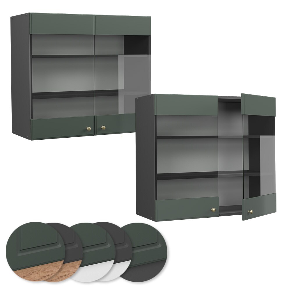 Vicco Hängeglasschrank Küchenschrank Küchenmöbel Fame-Line Anthrazit Grün-Gold Landhaus 80 cm Küche Einbauküche Hängeschrank Glasschrank Drehtür Einlegeboden Küchenzeile
