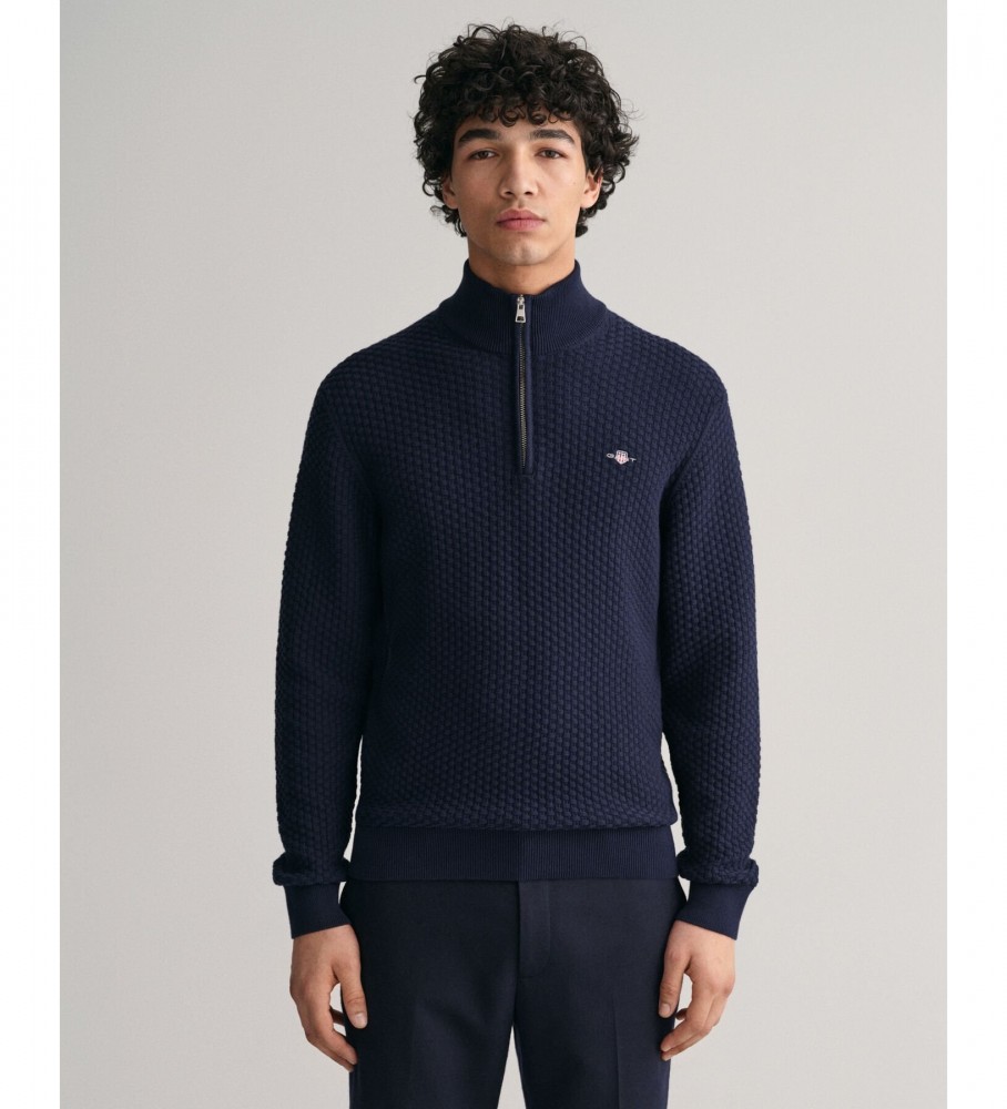 Camisa de algodão texturizada Gant azul marinho com meio zíper