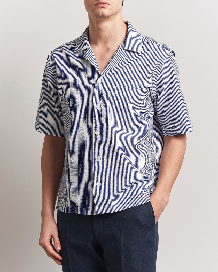 Oscar Jacobson Cuban Short Sleeve Seersucker Shirt Blue/White