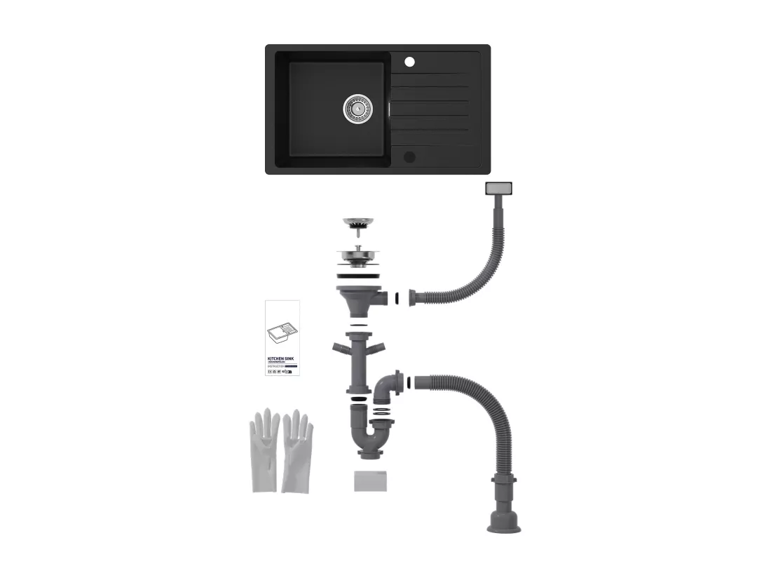 Cecipa max Noir Evier 1 Bac avec Egouttoir Evier à encastrer Quartz et résine 78x45cm + Mitigeur avec Douchette Extractible Rotatif à 360 ° Noir