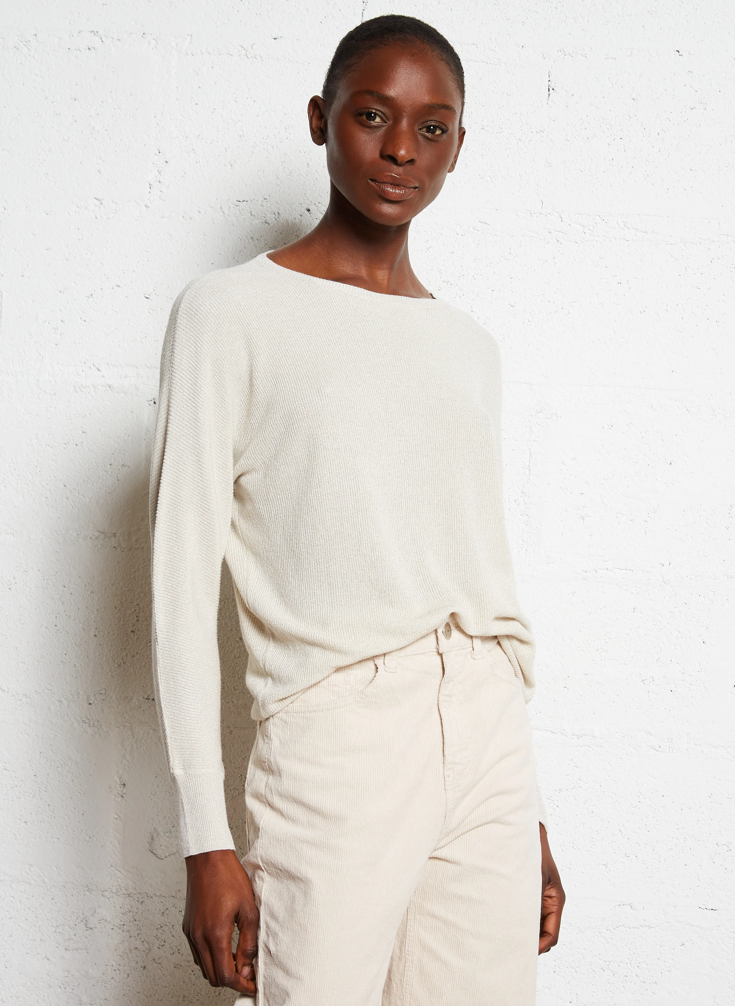 MACARENY - Pull droit col bateau en maille lurex | Blanc