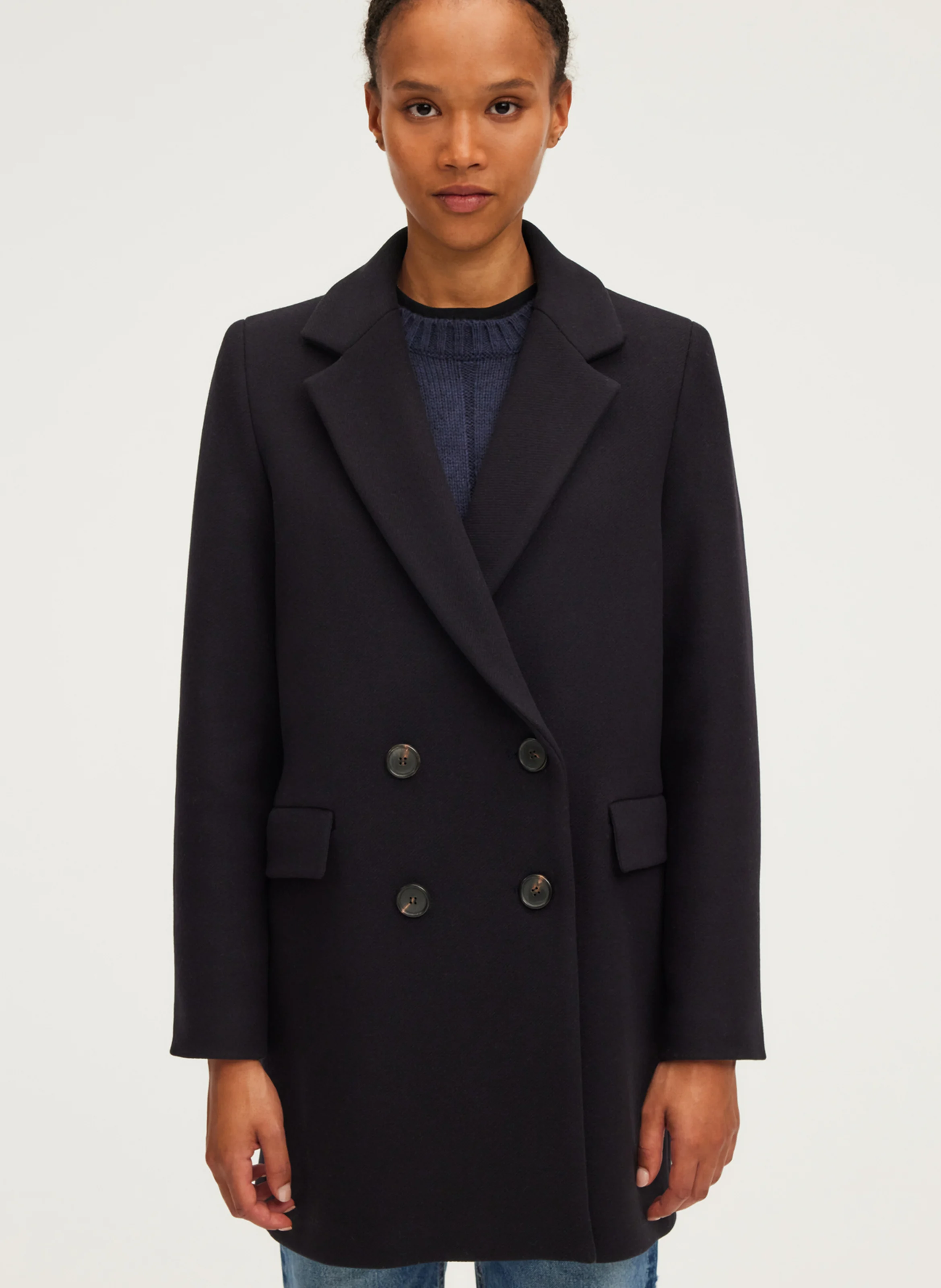 LIANE - Manteau droit à boutonnage croisé en laine mélangée | Bleu