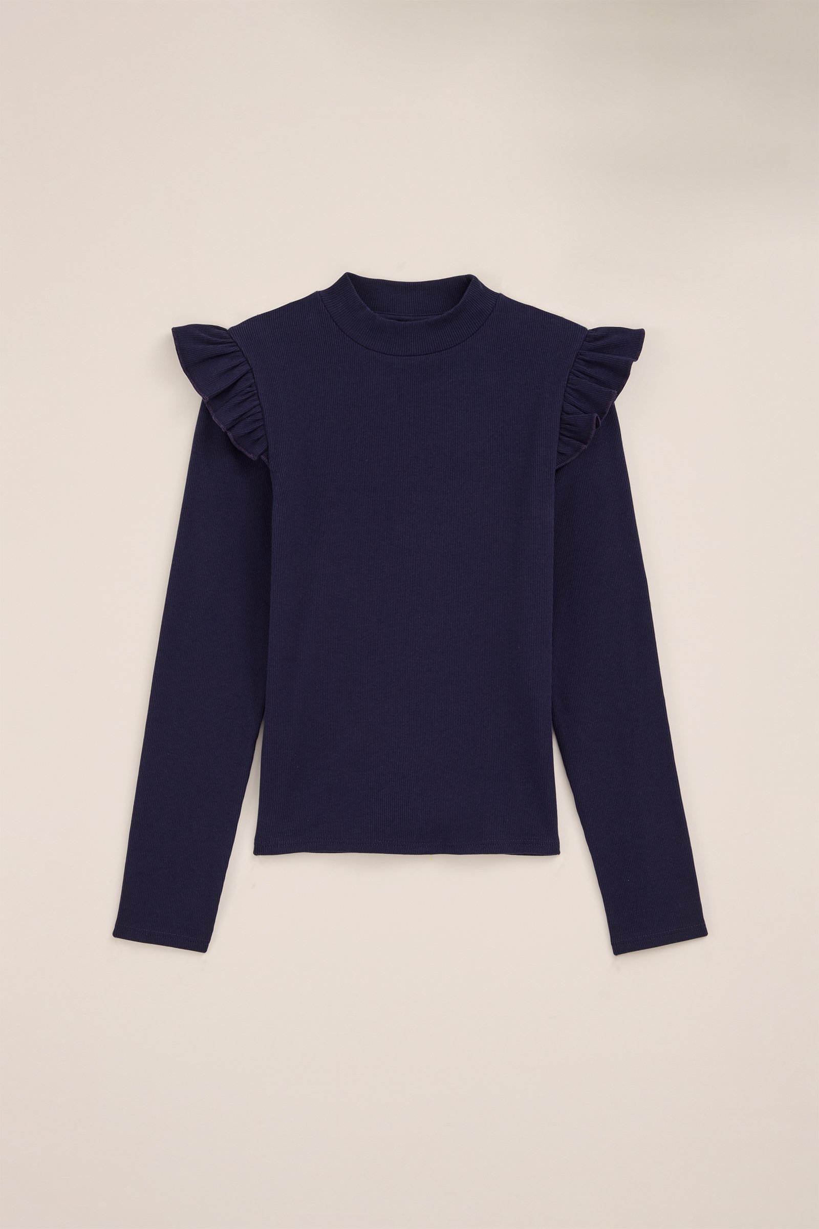 Meisjes geribd T-shirt met ruches WE Fashion Donkerblauw