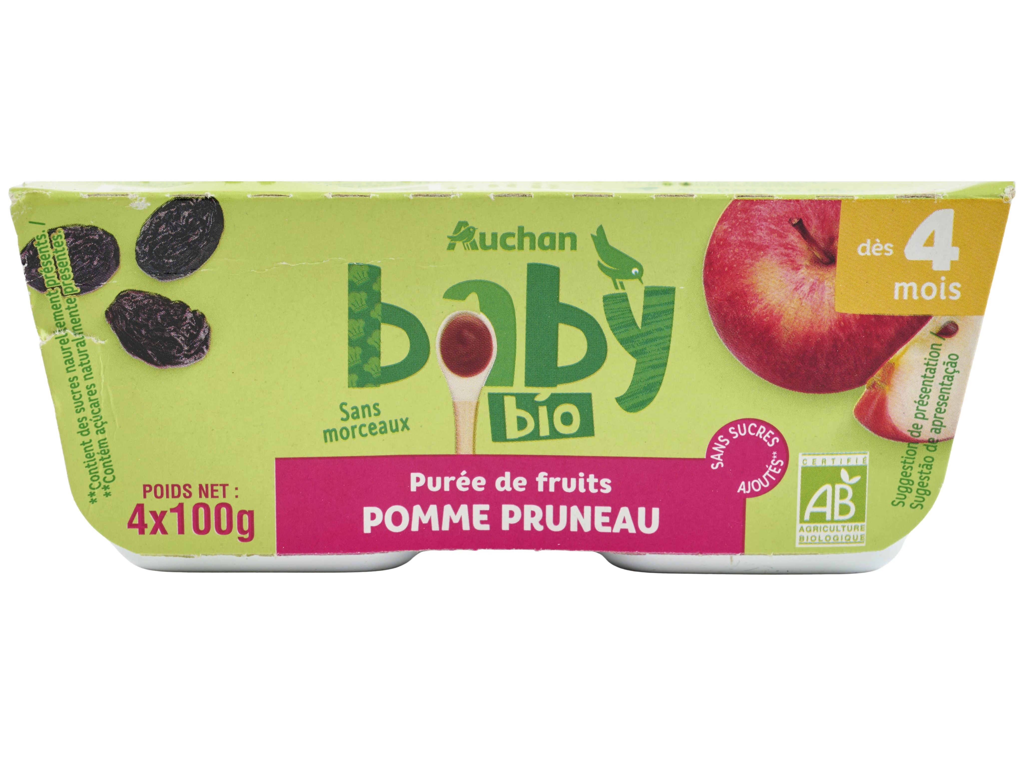 TACINHA FRUTA AUCHAN BABY BIO MAÇÃ E AMEIXAS SEM GLÚTEN 4X100G