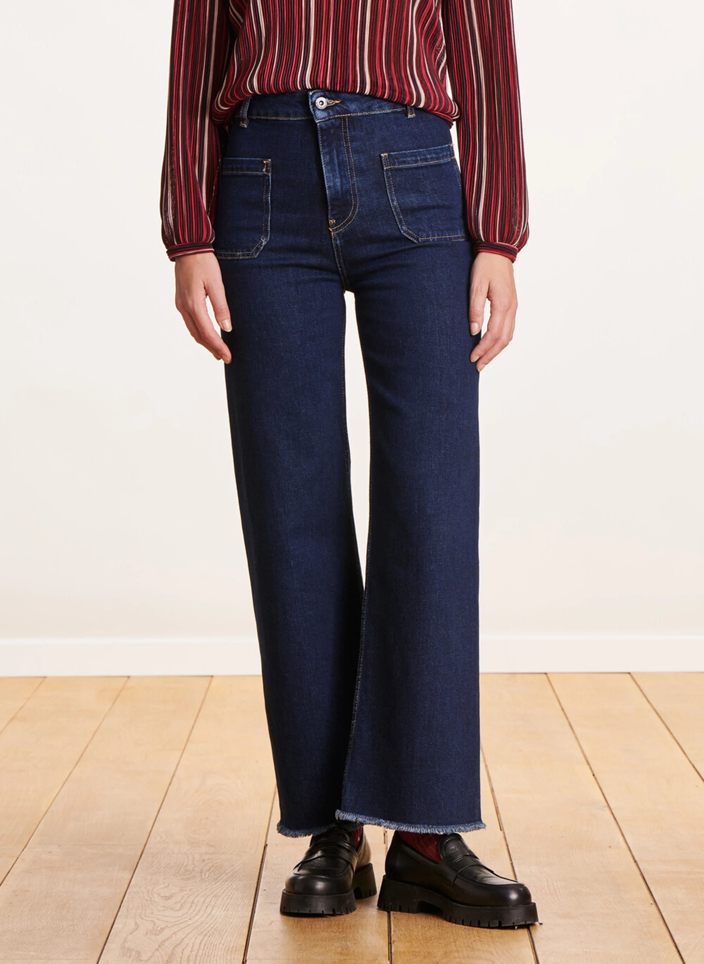 Jean droit taille haute en coton biologique mélangé | Bleu