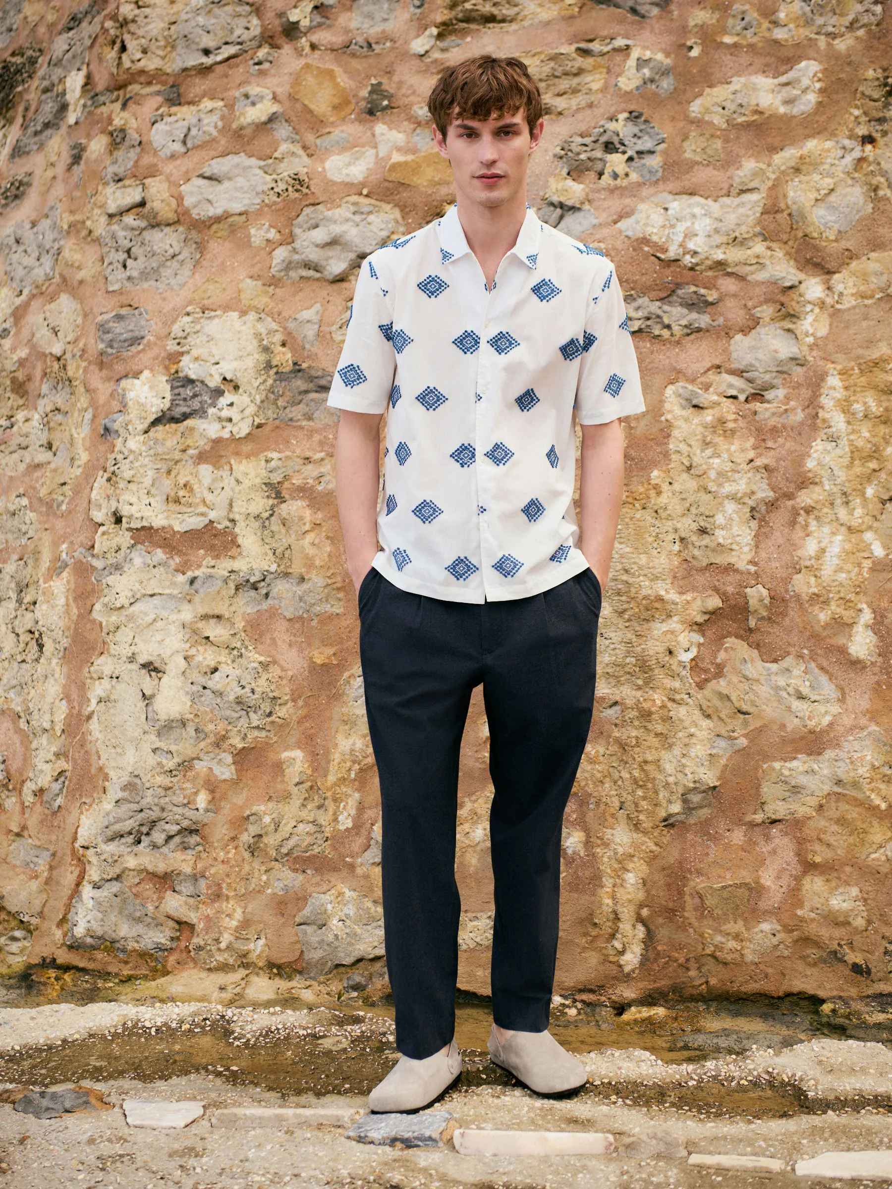 Ecru - Embroidered Pattern Short Sleeve Shirt