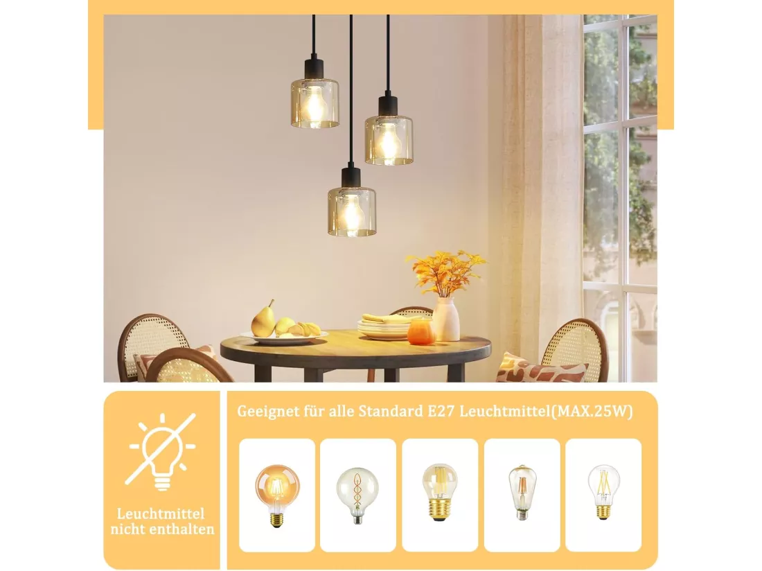 NETTLIFE Suspension Table à Manger Lampe Suspendue Vintage 3 Ampoules Lampe de Table à Manger Suspendue E27 Métal Noir Rétro Industriel