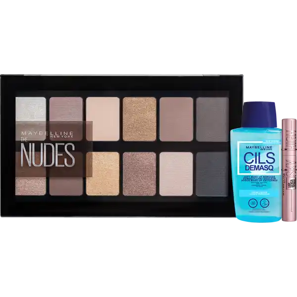 Lash Sensational Sky High Very Black & Augen-Make-Up Entferner & The Nudes Lidschatten Palette Set