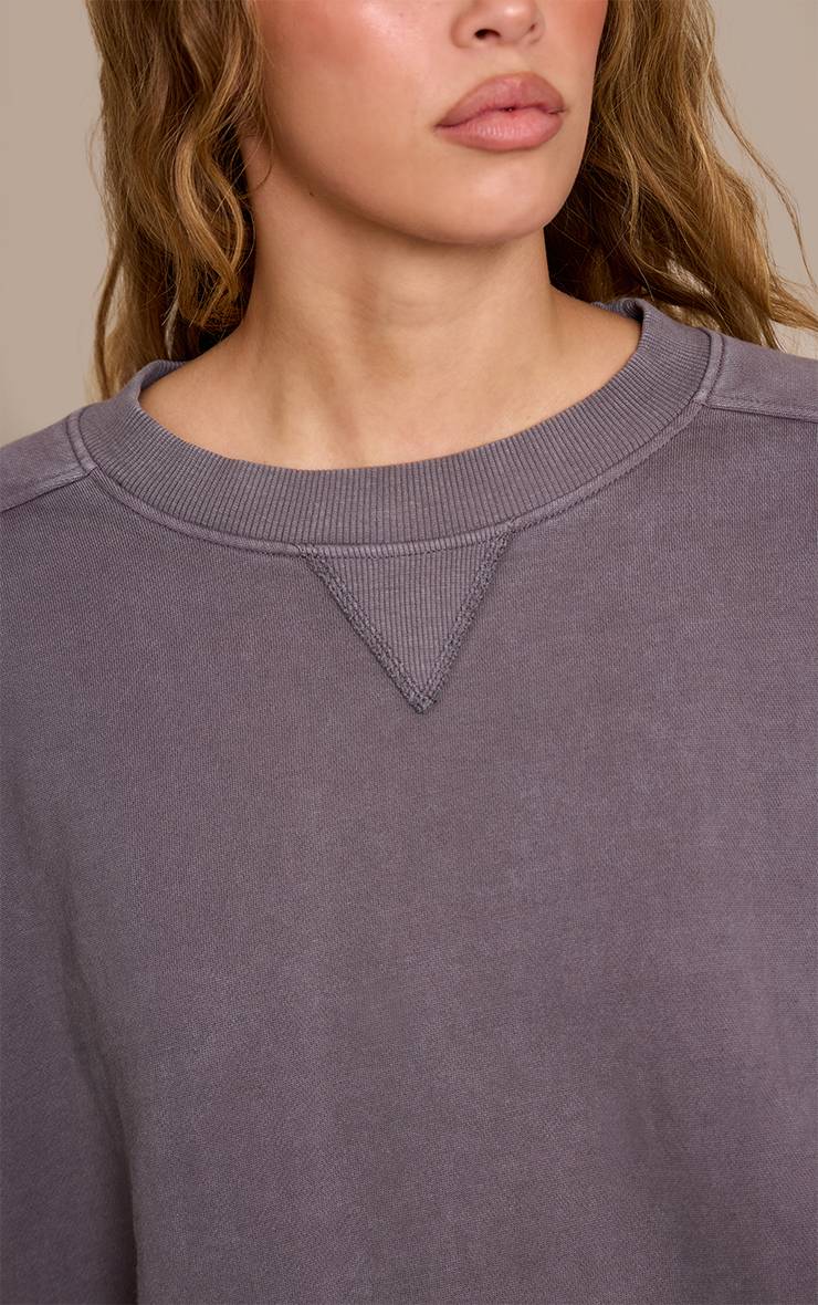 Charbon Sweat-shirt Délavé À L'acide Avec Broderie En Point De Croix