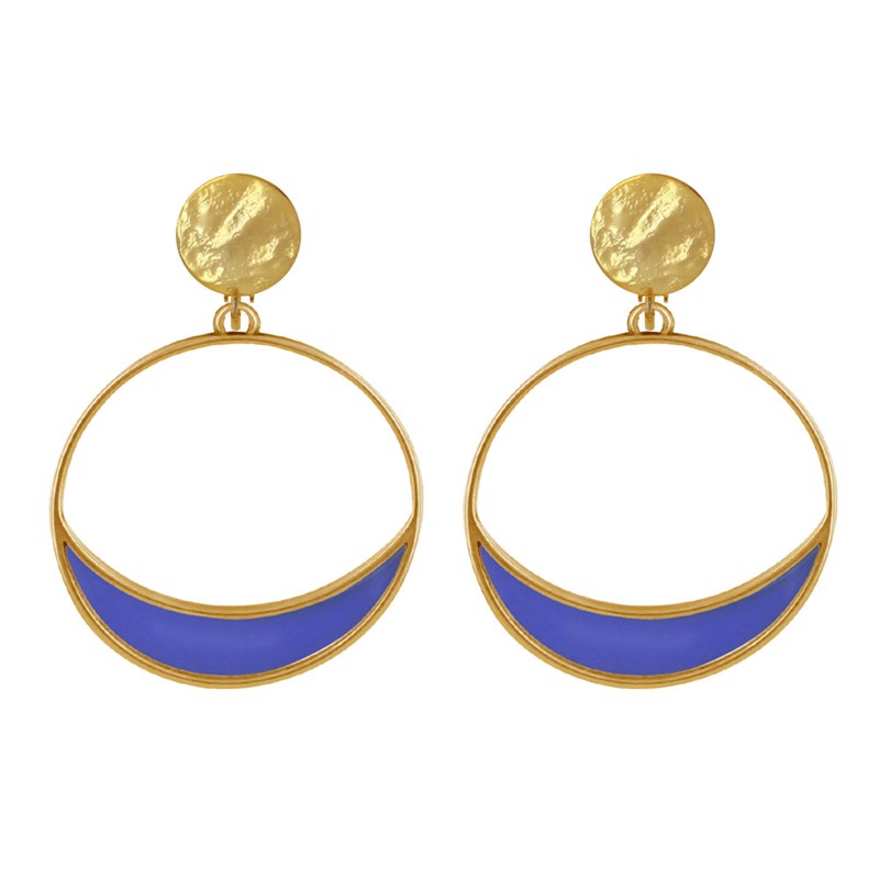 Boucles d'Oreilles Clip Métal Doré Cercle et Croissant de Lune Translucide Coloré