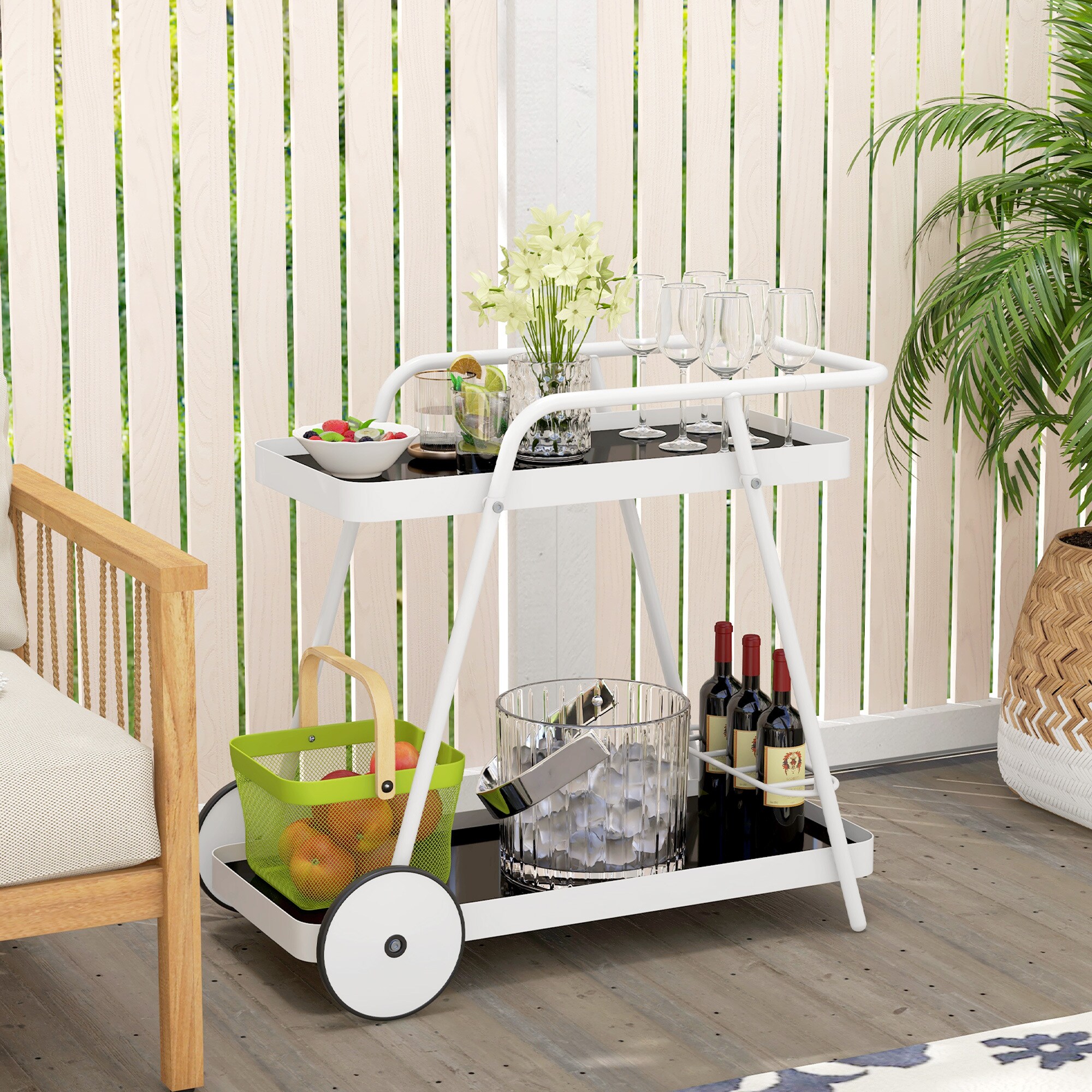 Outsunny Gartenwagen mit 2 Ebenen, Griff und Rollen schwarz, weiß 86,5L x 51B x 78H cm