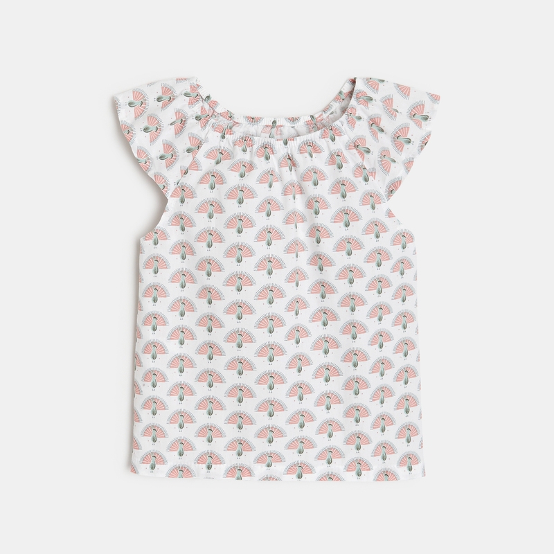 Salopette courte et blouse paons rose bébé fille