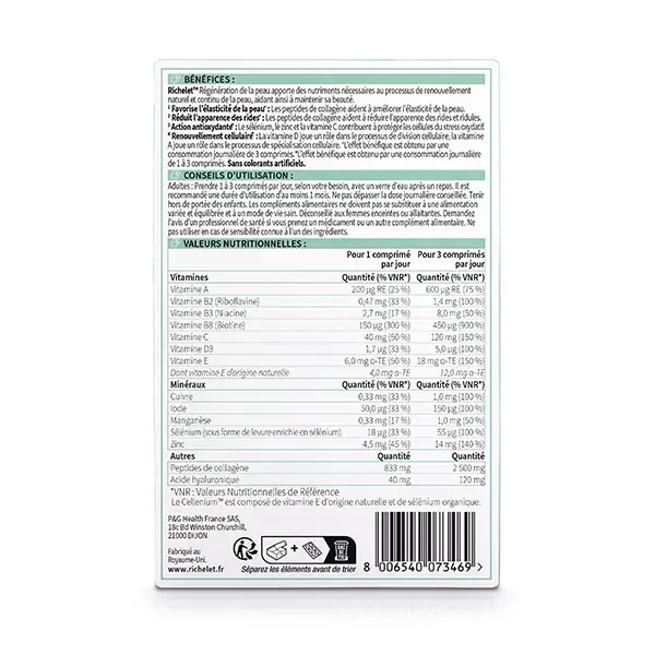 Suplemento alimentar RICHELET para regeneração da pele, 30 comprimidos