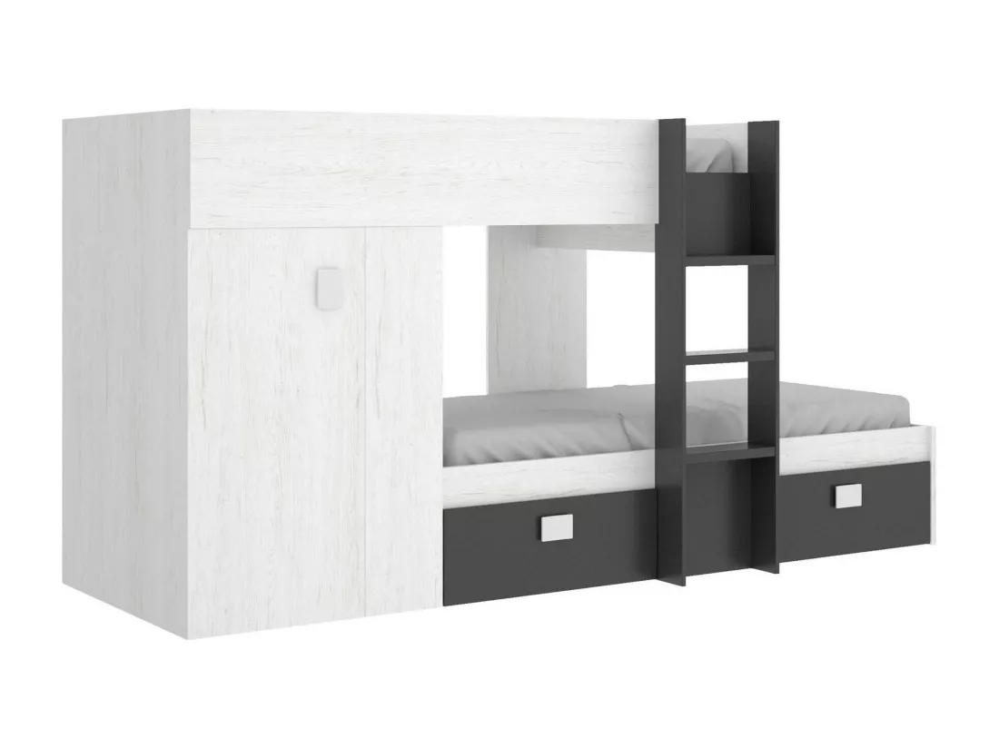 Lit enfant Cevedale, Chambre complète avec armoire et tiroirs, Composition de lits superposés avec deux lits simples, 271x111h150 cm, Blanc et Anthracite