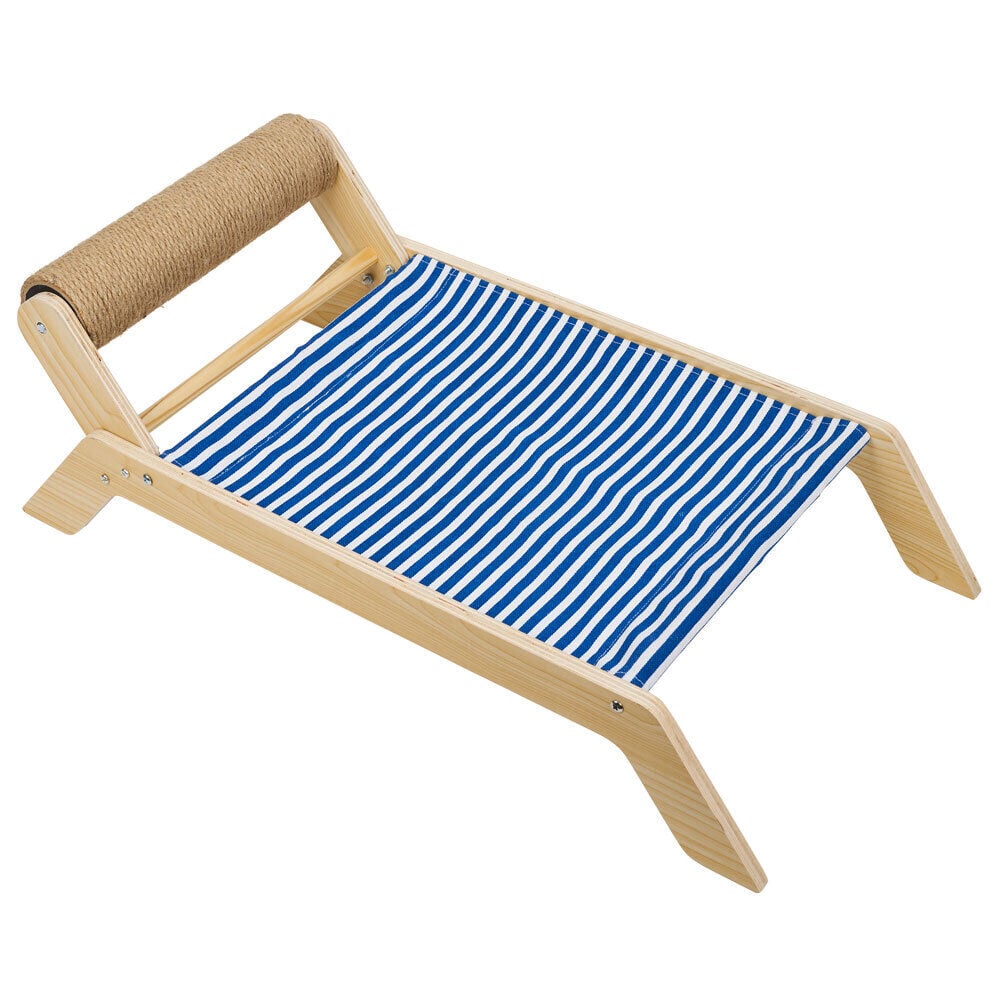 Lit pour chat bois et jute beige bleu et blanc 58xH20x31cm