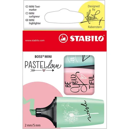 Textmarker - STABILO BOSS MINI Pastellove - 3er Pack - zartes Türkis, rosiges Rouge, Hauch von Minzgrün
