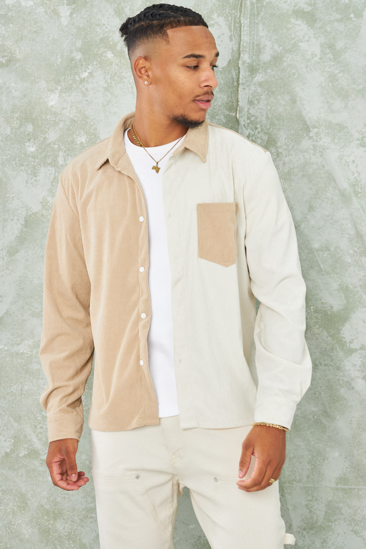 Chemise bicolore beige et écru en velours côtelé
