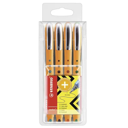 Tintenroller - STABILO worker+ - fein - 4er Pack - grün, rot, blau, schwarz