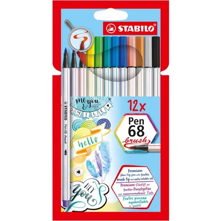 Premium-Filzstift mit Pinselspitze für variable Strichstärken - STABILO Pen 68 brush - 12er Pack - mit 12 verschiedenen Farben