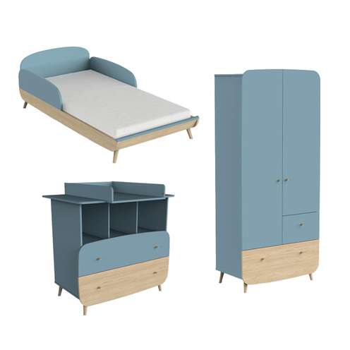 Chambre Trio Lit 70x140 + Commode + plan à langer + Armoire FIRMIANA Bleu Orage - CBA Meubles