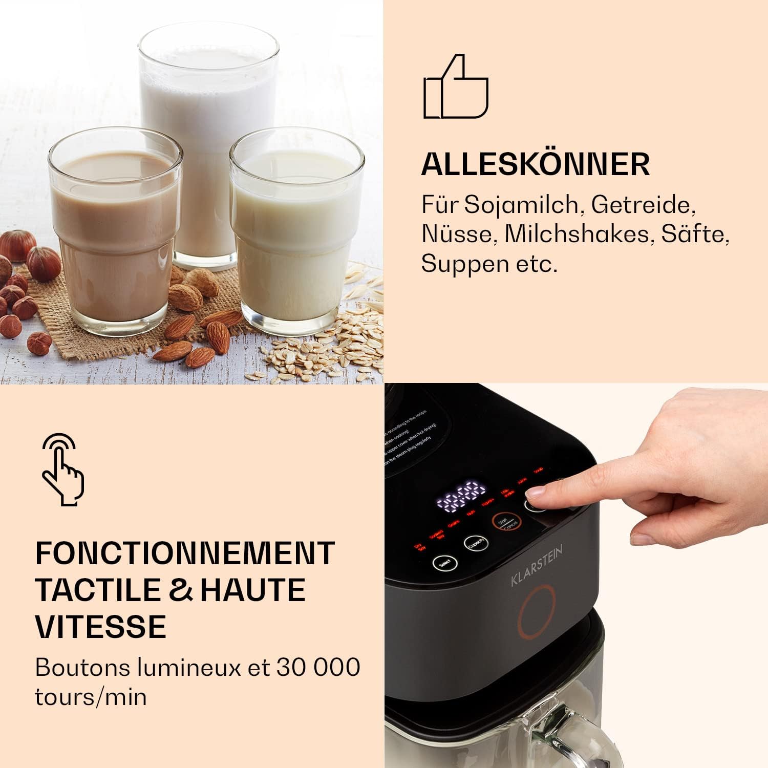 Klarstein Mixer, mixeur sur pied avec 300 et 1250 watts de puissance, pour la préparation de laits végétaux et smoothies avec technologie de chauffage à 360°, 30.000 tours/minute, écran tactile, noir