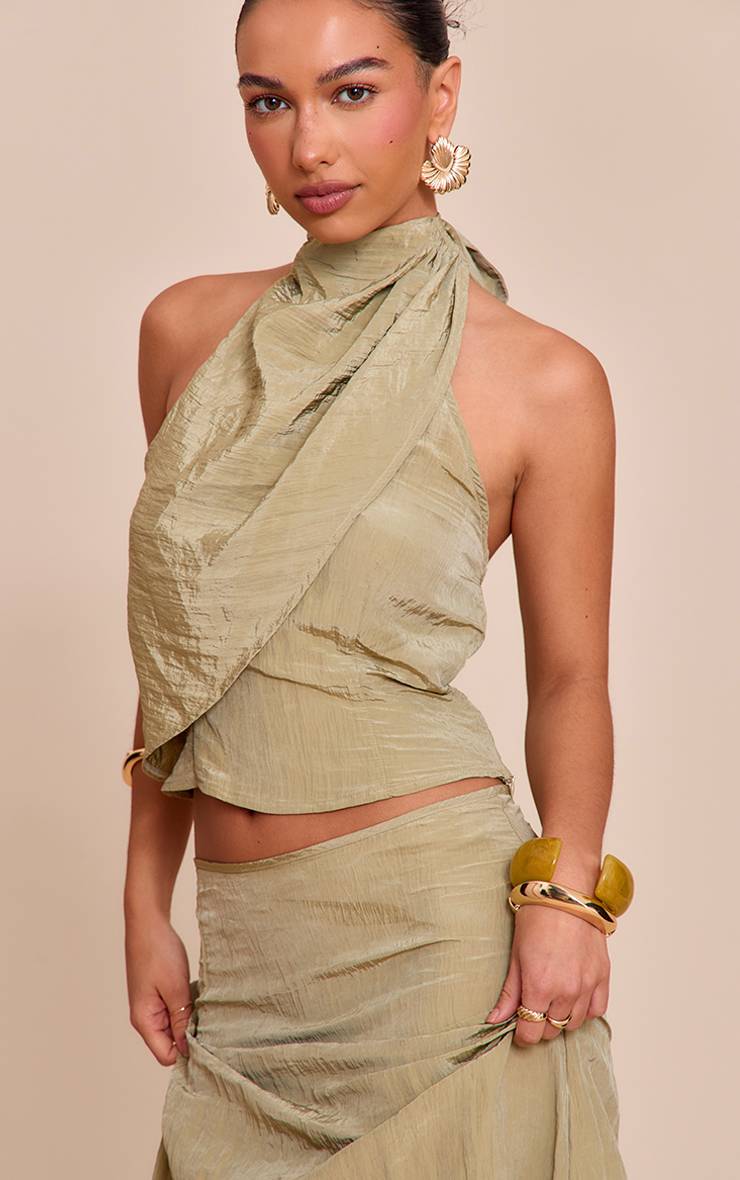 Sage Khaki Haut Texturé Tissé À Col Licou
