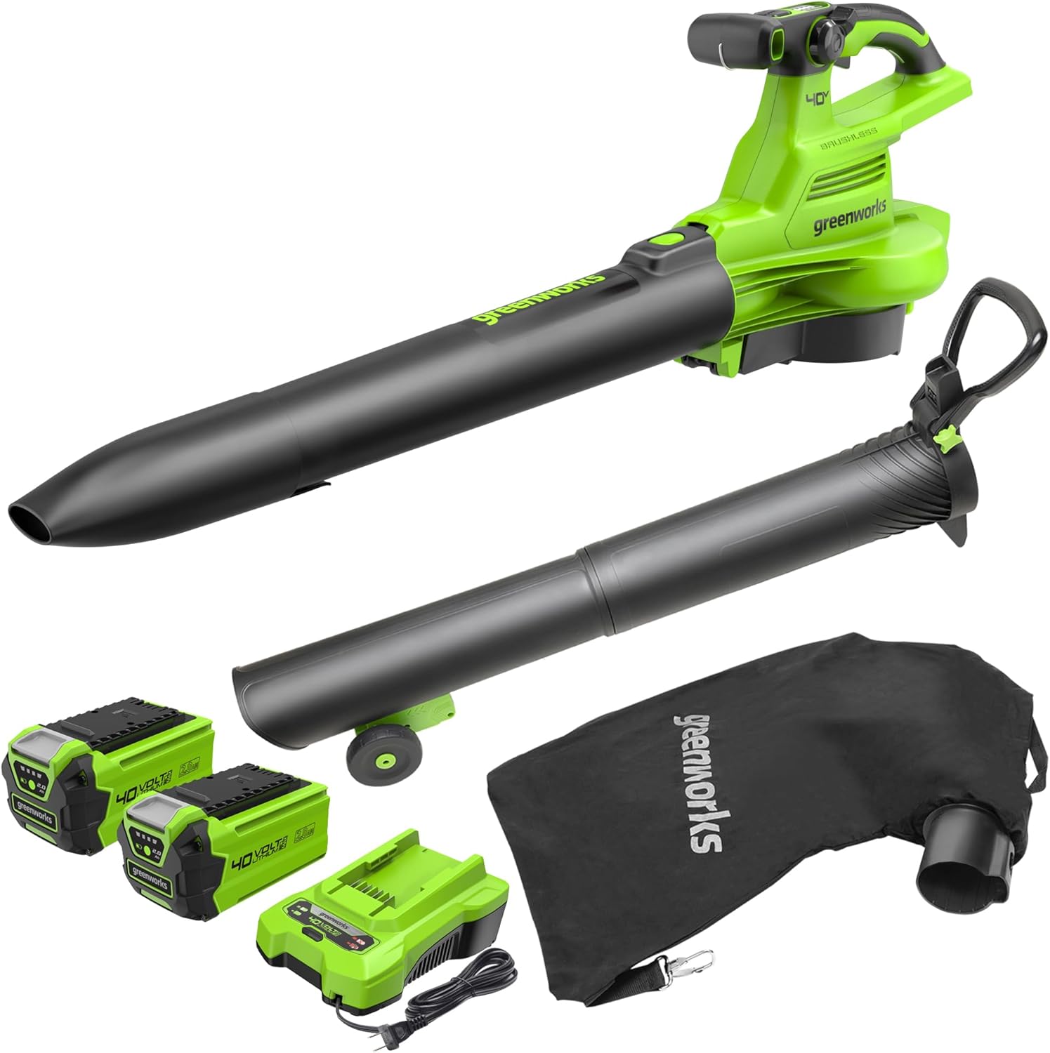 Greenworks 40V Akku Laubsauger/Laubbläser mit bürstenlosem Motor, 370 km/h, 14.17m³/min, 45L Fangsack mit 2X 2Ah Akku & Ladegerät, 3 Jahre Produkt-Garantie, Grün, Schwarz, Grau