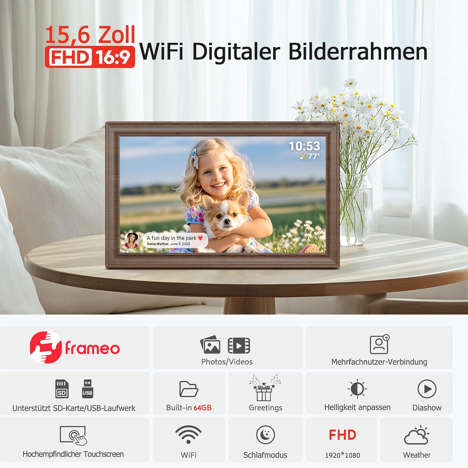 64GB FRAMEO 15.6 Zoll Digitaler Bilderrahmen 64GB Holzmaserung - FHD 1920 * 1080P IPS Touchscreen Digitale Bilderrahmen Auto Rotation Elektronischer Fotorahmen, Teilen Sie Fotos/Videos Sofort