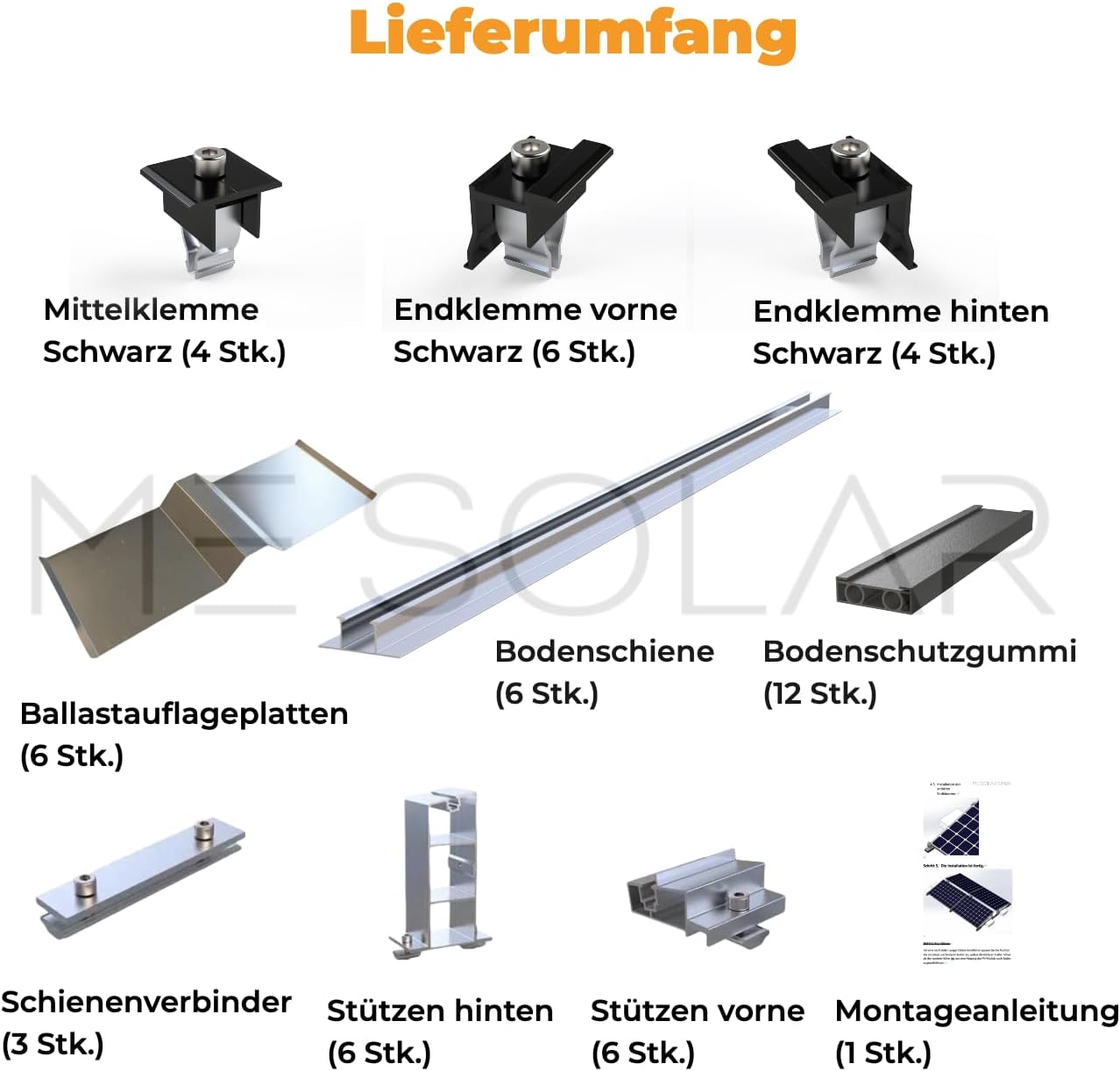 Montage-Set für Flachdach, 4 PV-Module, Ost-West und Süd-Ausrichtung, Aluminium Befestigungssystem mit Schienen und Klemmen 0% MwSt